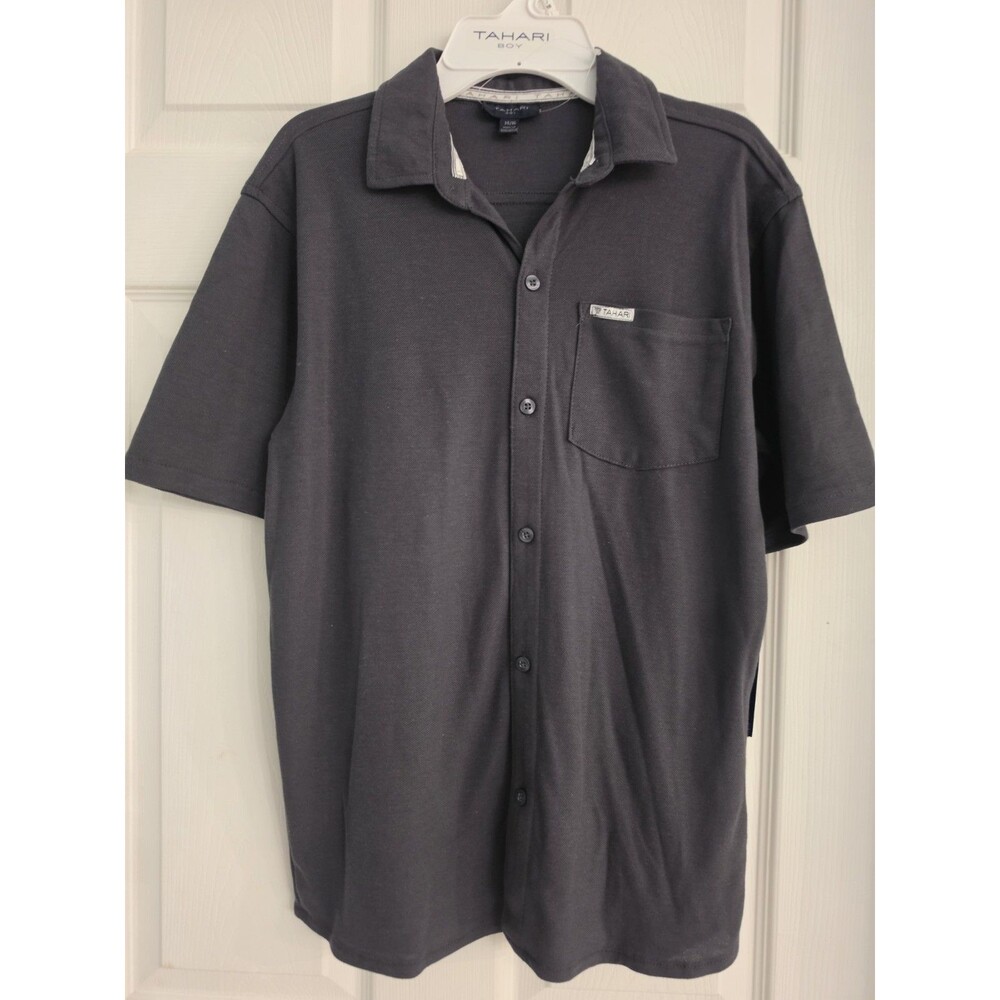 Tahari Boy Short Sleeve Button Down Shirt Size 14/16 Black NWT Casual Pocket
